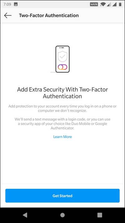 Instagram Settings: Add Two Factor Authentication 