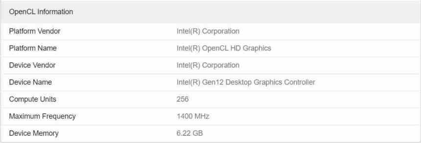 Intel Xe 256 EU Geekbench OpenCL
