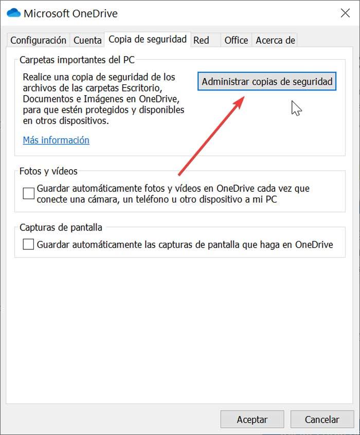OneDrive tab Manage backups