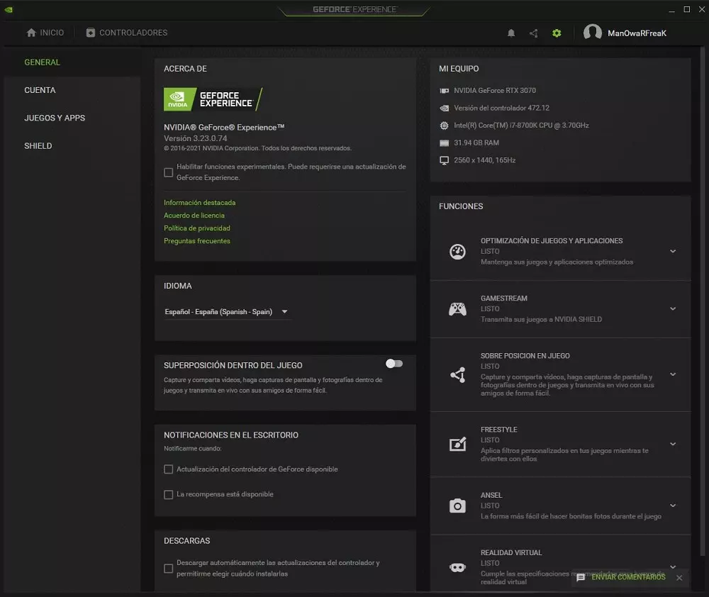 GeForce Experience Options