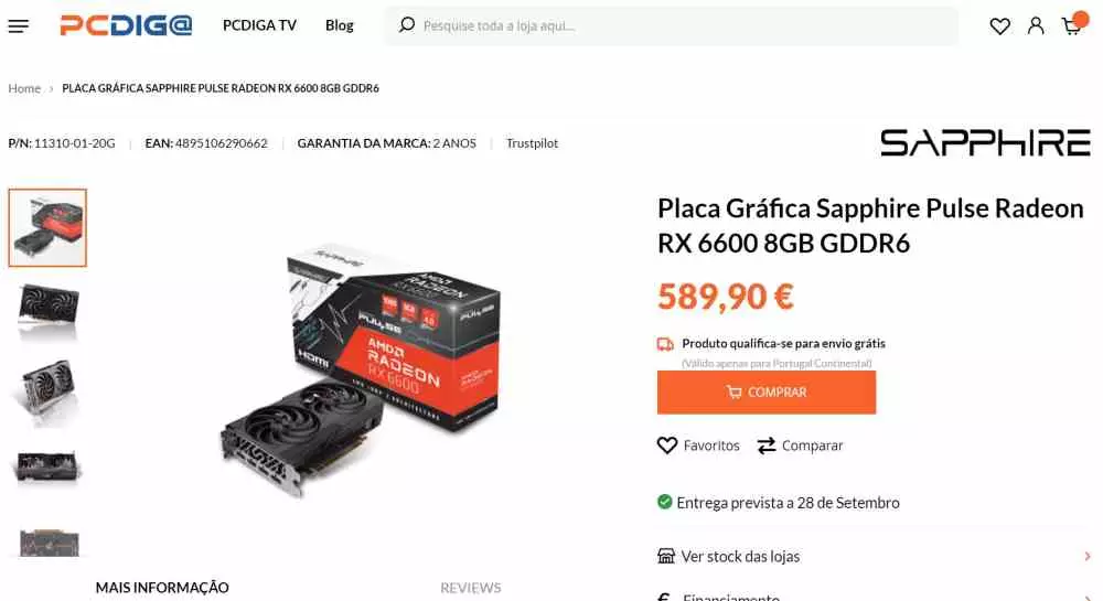 RX 6600 price filtered Portuguese store