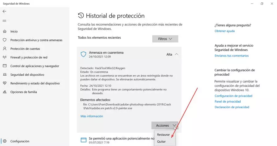 Windows Defender protection history