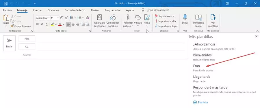 Select template in Outlook