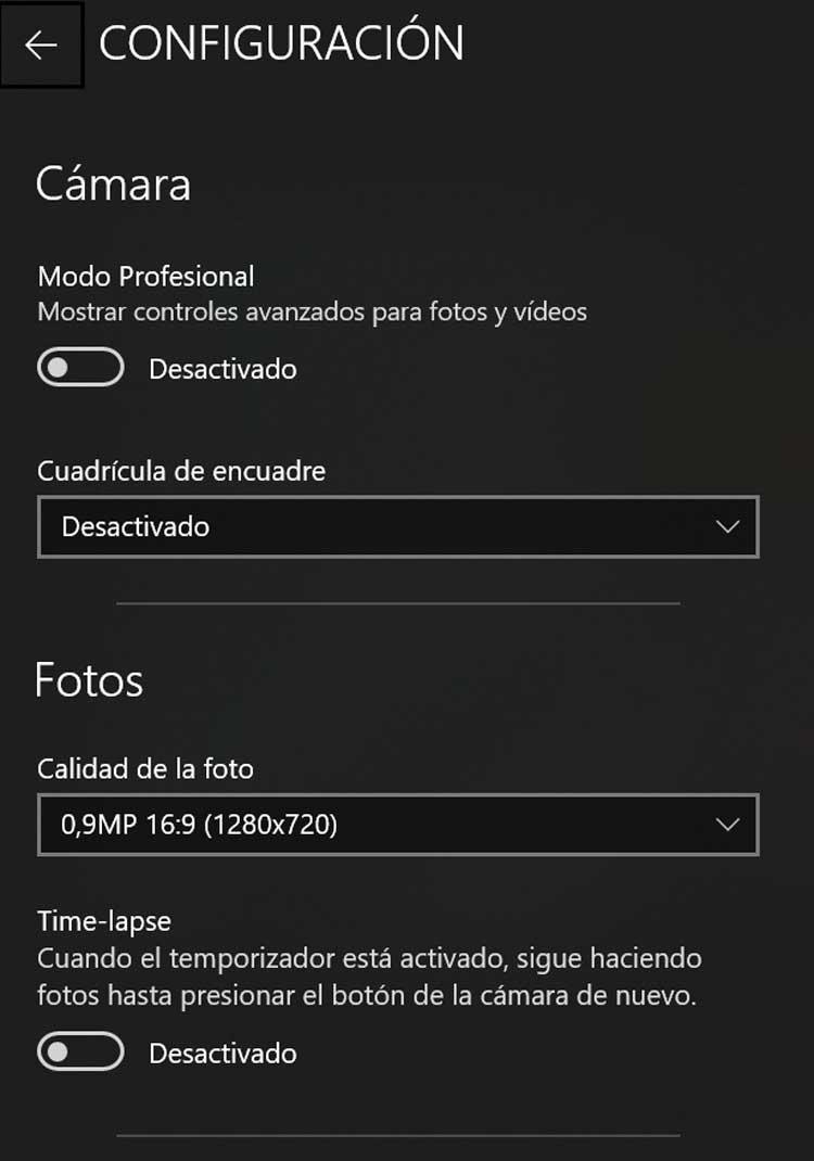Windows camera settings