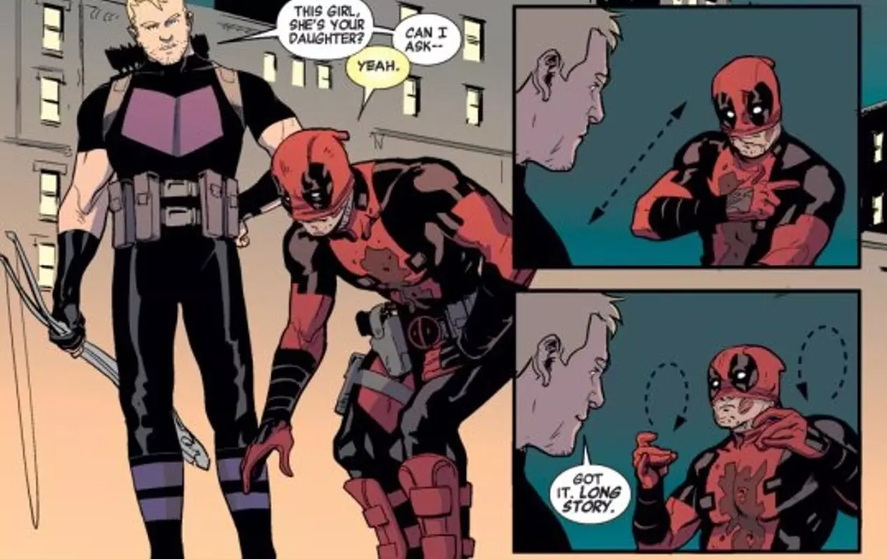Deadpool using sign language to communicate with Hawkeye