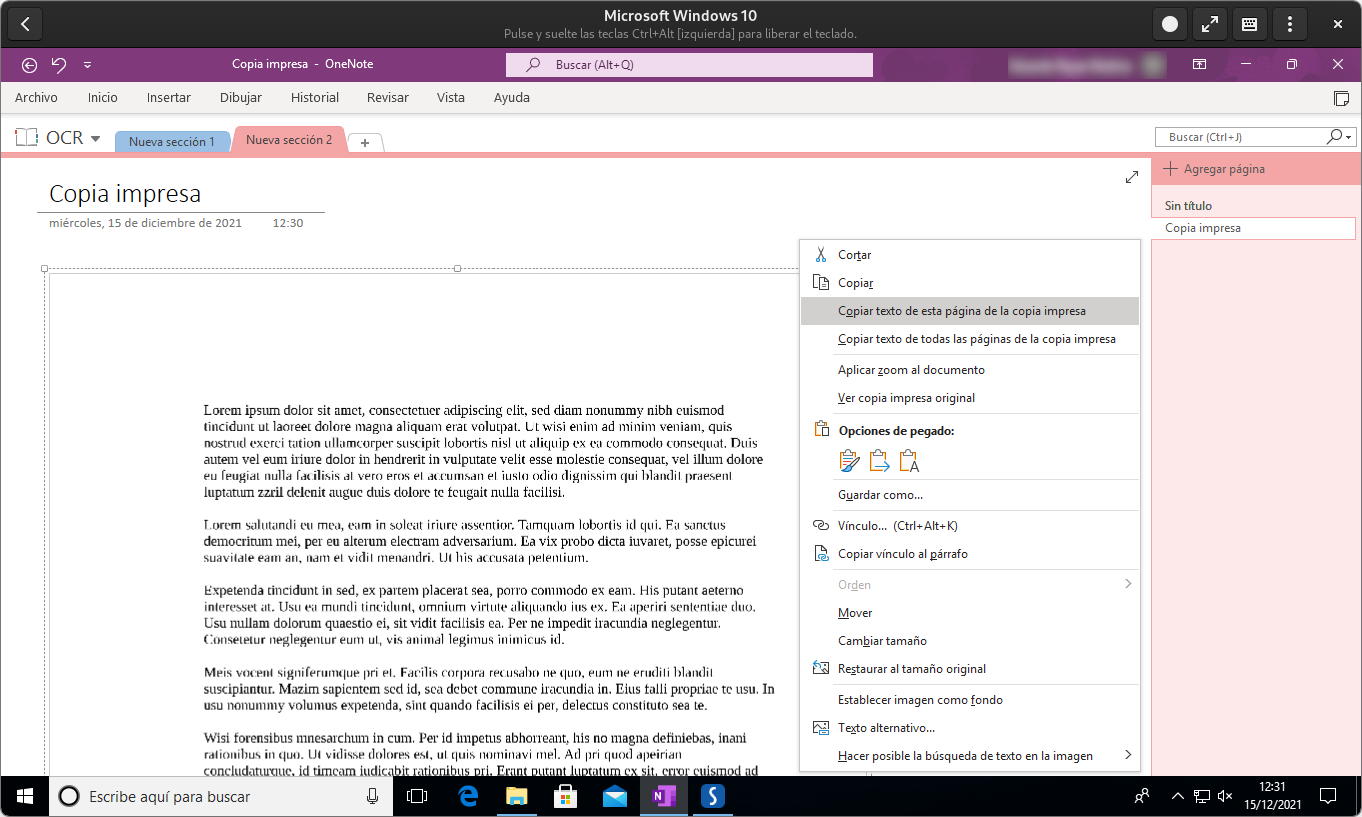 Using Microsoft OneNote OCR to copy text from an imported PDF document or hard copy