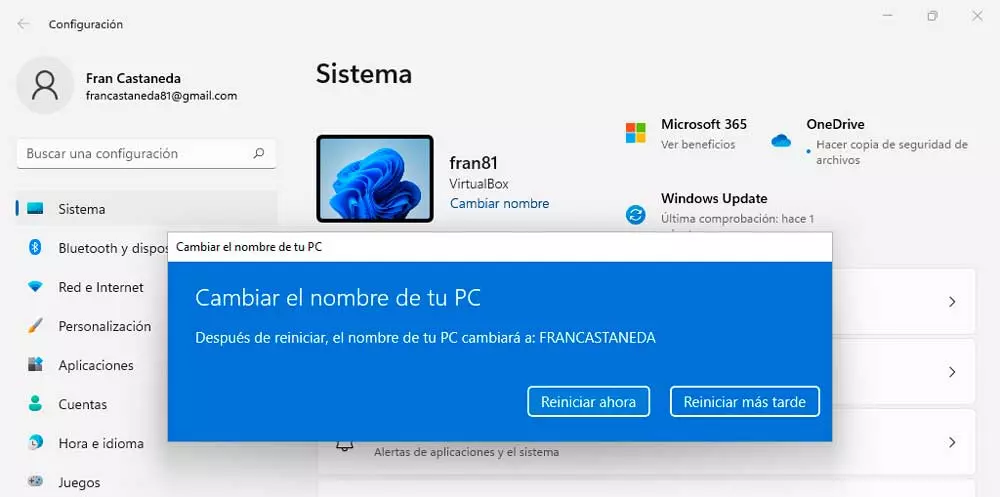 Windows 11 name changed and reboot