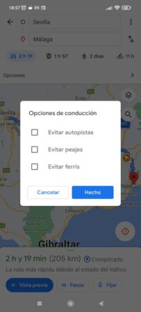 Go to the route options in the Google Maps application for Android