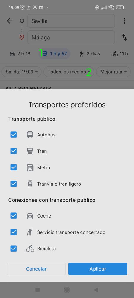 Transport that the user wants to have available in Google Maps for Android