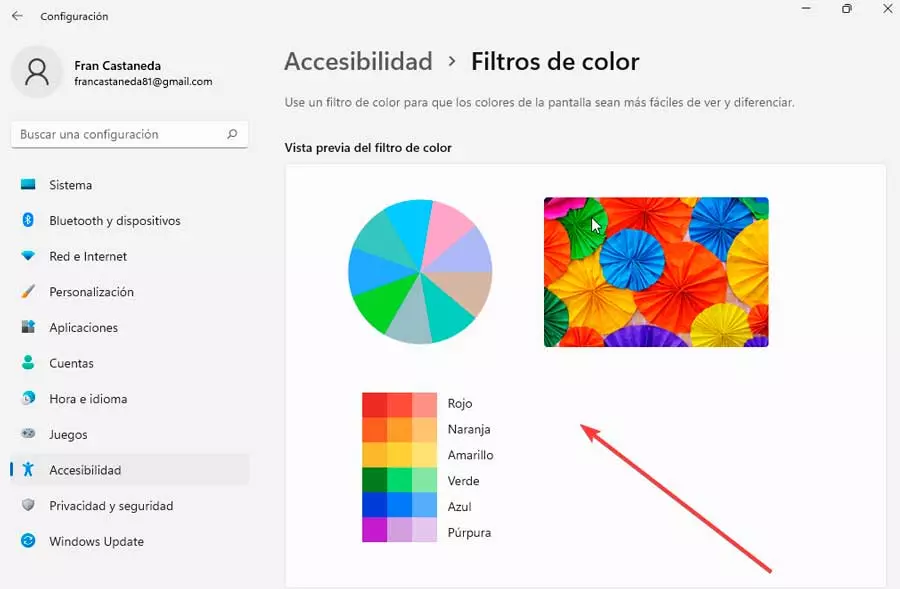 Preview of color filters in Windows 11