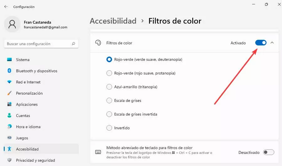 Activate color filters in Windows 11