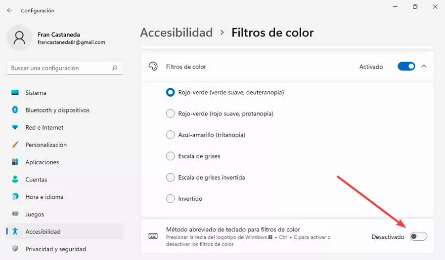 Keyboard shortcut for color filters
