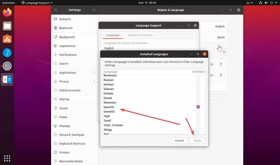 Ubuntu select Spanish and apply