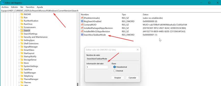 Registry add or remove Search button in Windows 11