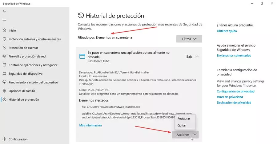 Windows Defender quarantined items