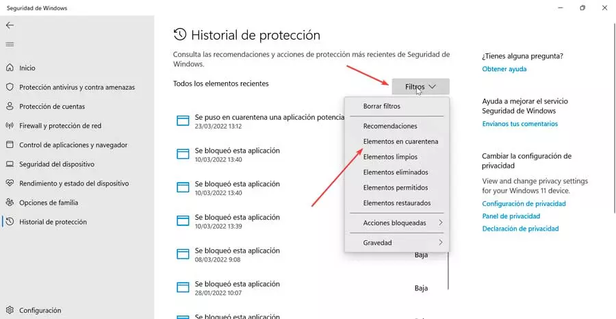 Windows Defender filter by quarantined items