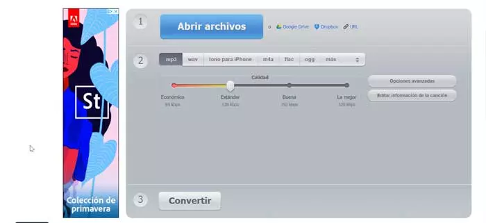 Online Audio Converter main menu