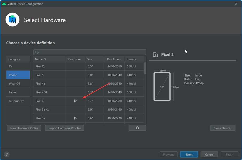 android studio select hardware