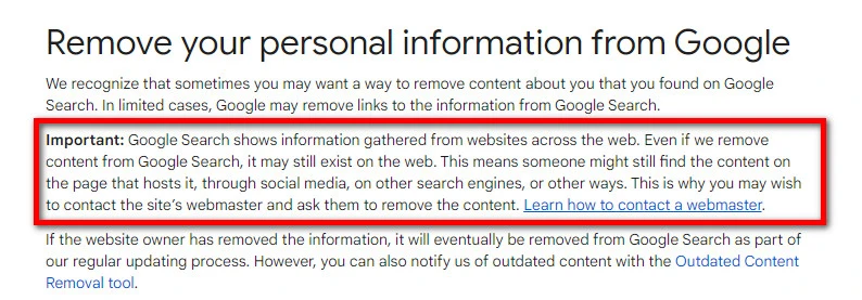 Google Data Removal Notice