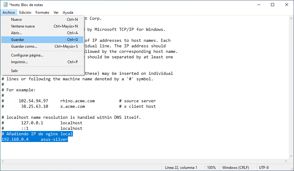 Save changes to the /etc/hosts file on Windows with Notepad
