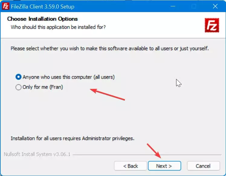 FileZilla installation options