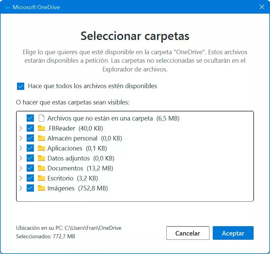 OneDrive select folders
