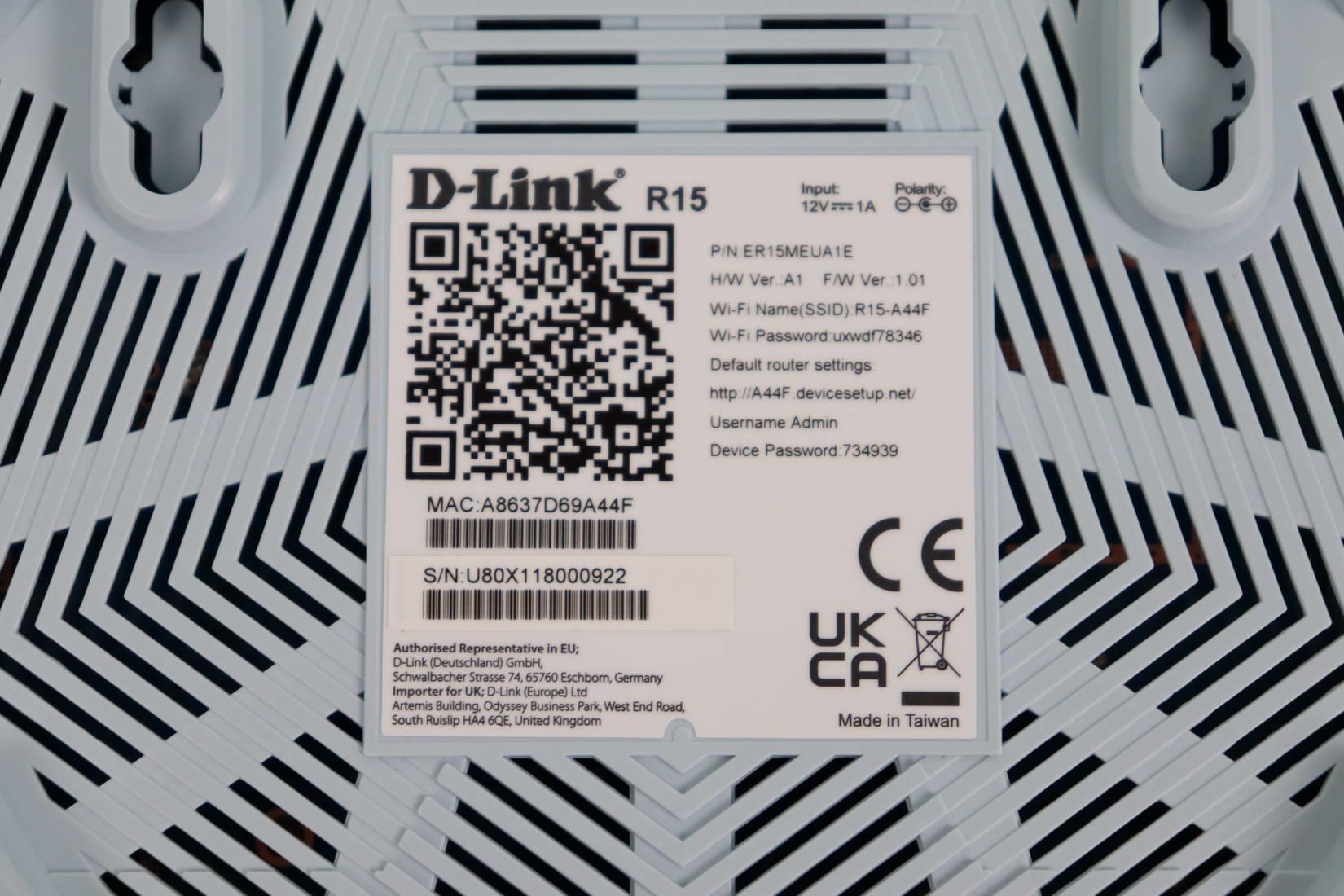 D-Link EAGLE PRO AI R15 WiFi router sticker with access data