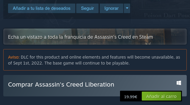 Current message posted on the Assassin's Creed Liberation HD Steam tab about Ubisoft shutting down