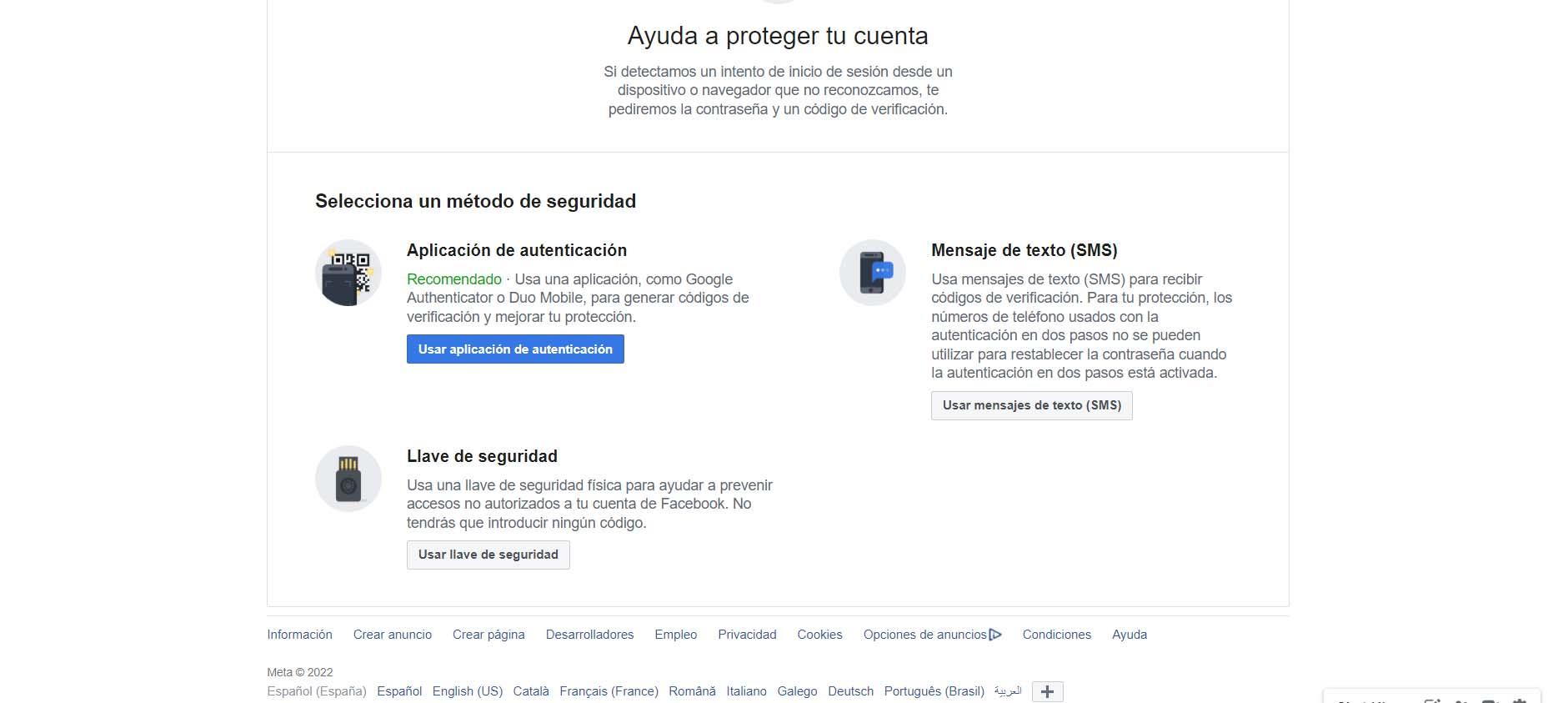 Facebook 2FA Options
