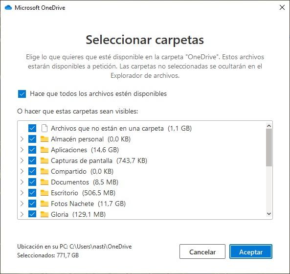 Select OneDrive folders