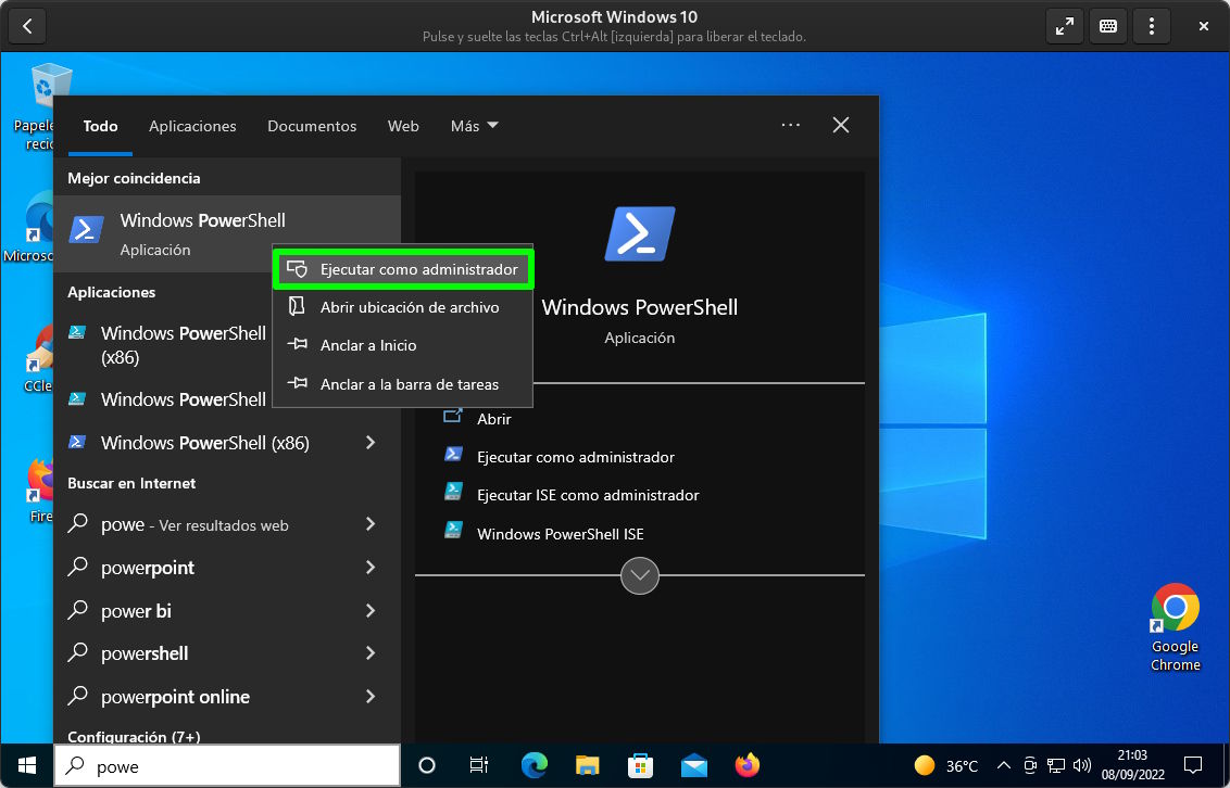 Opening PowerShell as administrator in Windows 10