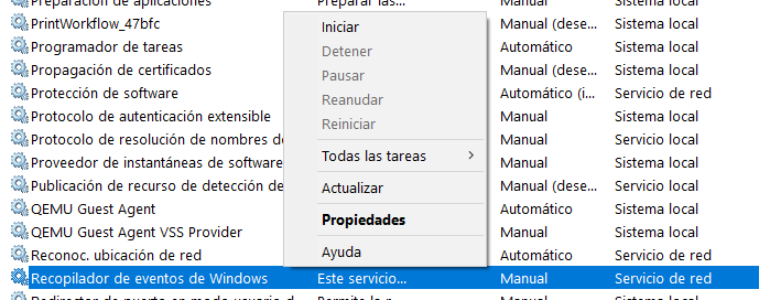 Windows services panel context menu