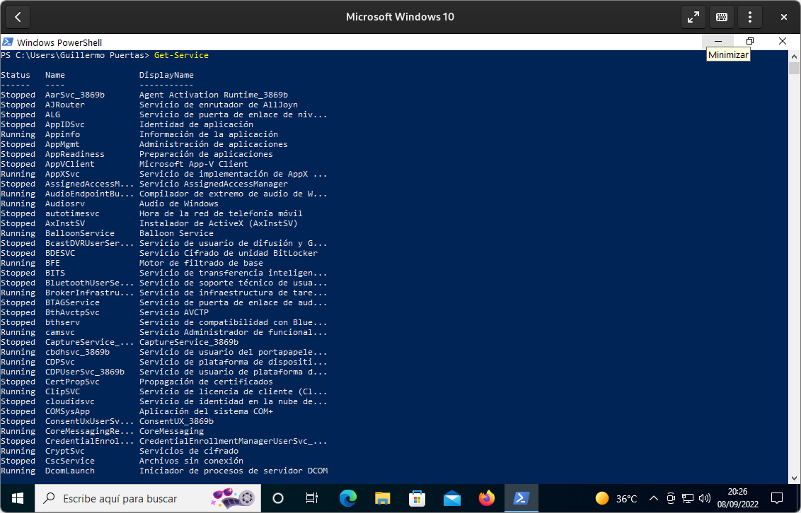 List all Windows services via PowerShell with the Get-Service command
