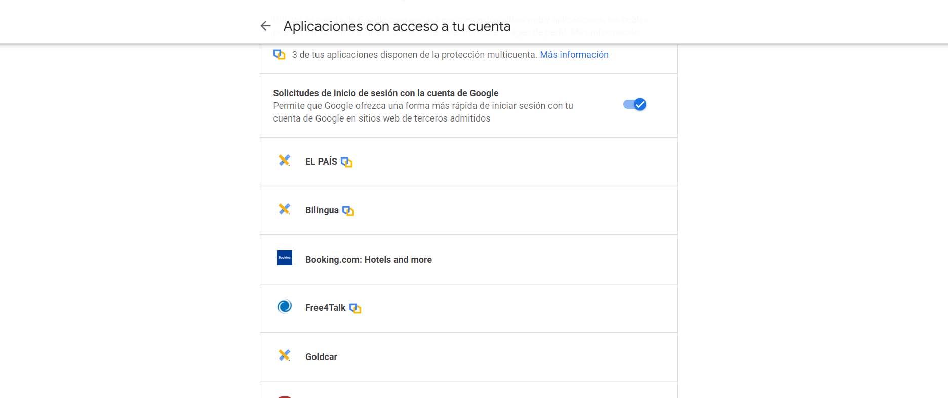 Applications with access to the Google account