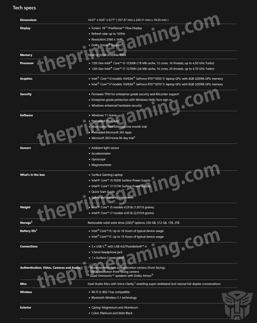 Surface Gaming Specifications