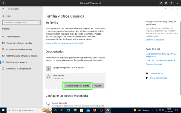 Change the account type to a Windows 10 user