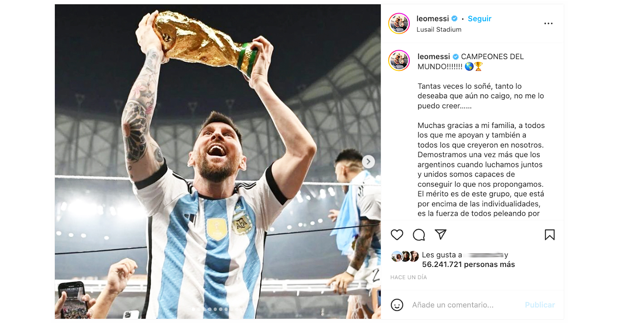 The image of Messi with the World Cup that he has uploaded to his Instagram already has the record