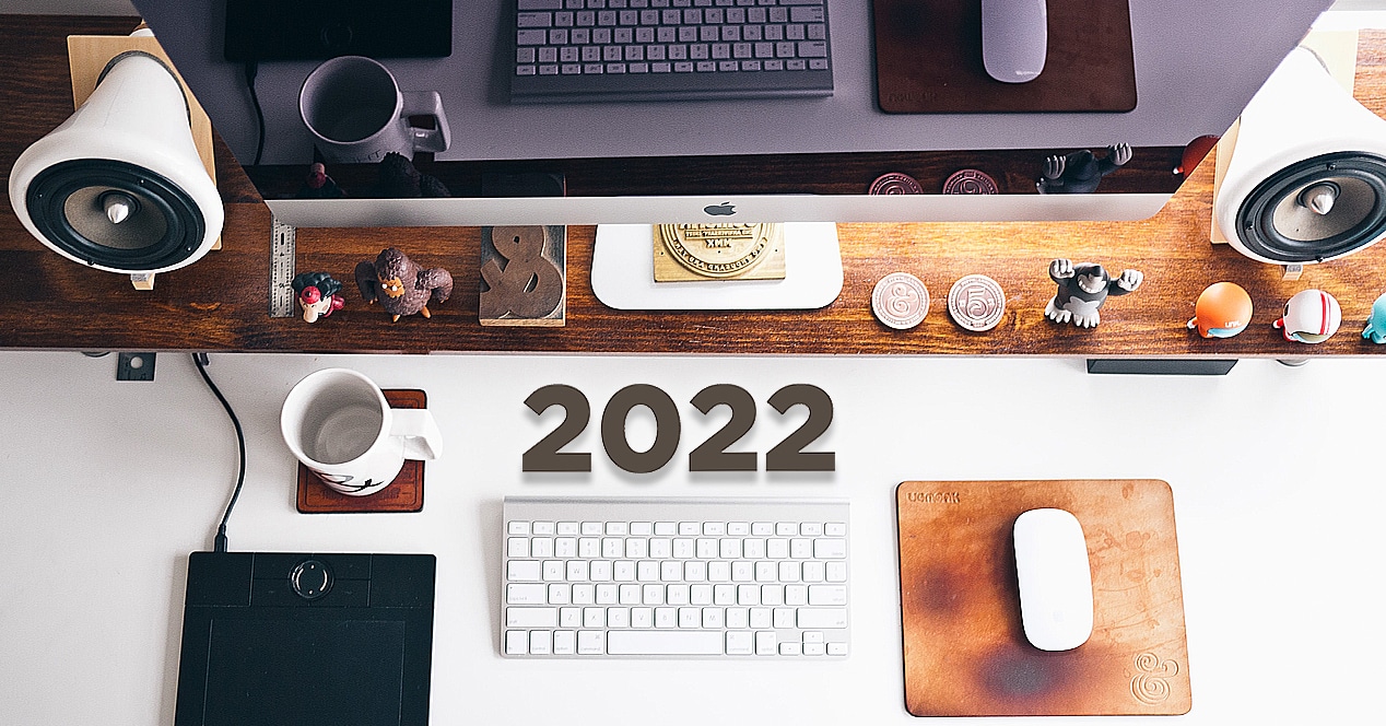 Desk with gadgets and 2022