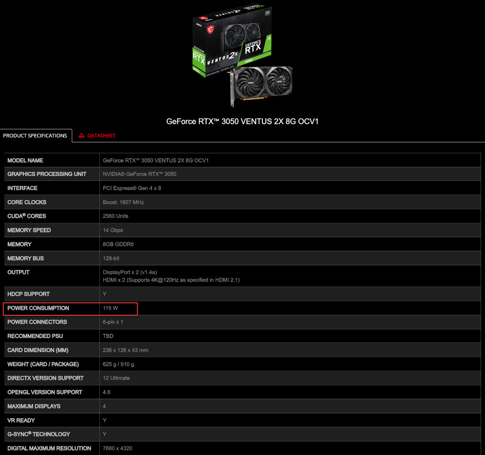 MSI GeForce RTX 3050 VENTUS 2X XS 8G OC specifications