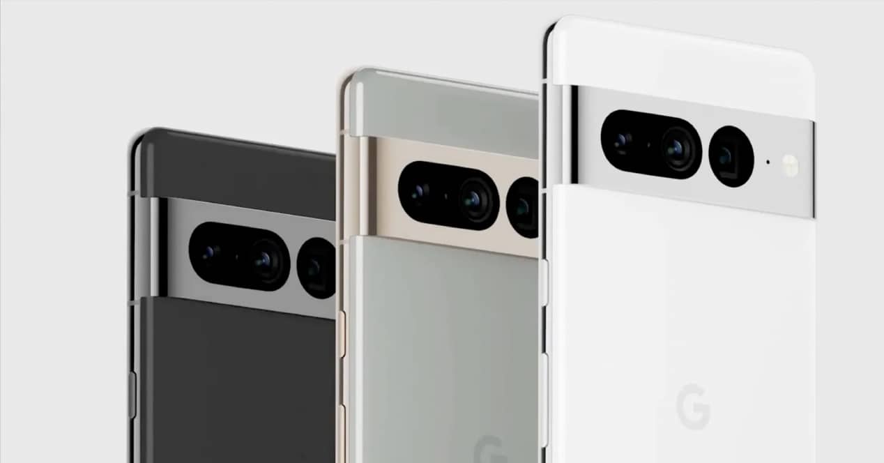 The Google Pixel 7 Pro in three colors: white, black and green