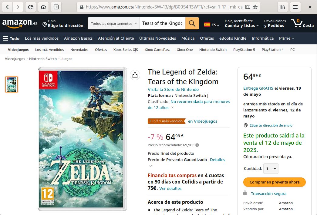 The Legend of Zelda: Tears of the Kingdom on Amazon Spain