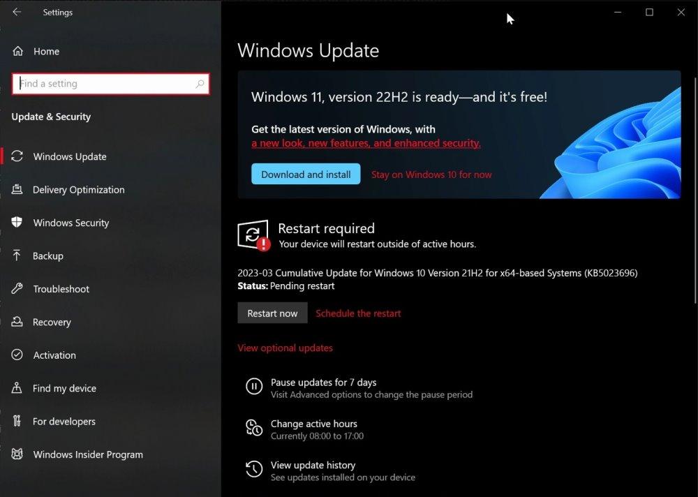 Windows 10 update KB5023696