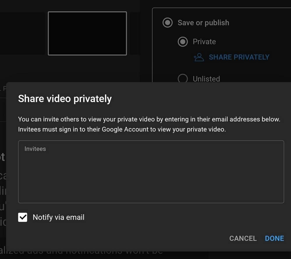 Share private video mail YouTube