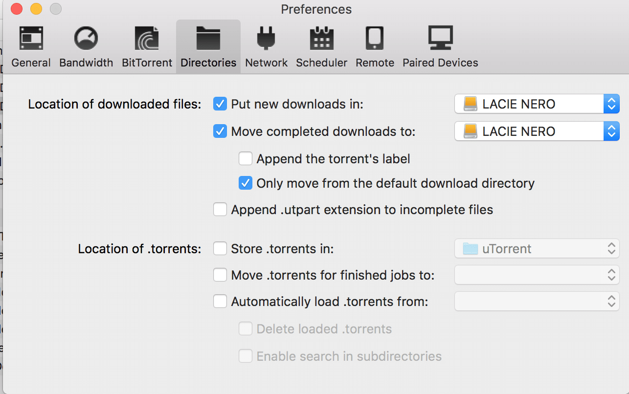 Preferences for configuring uTorrent on Mac.