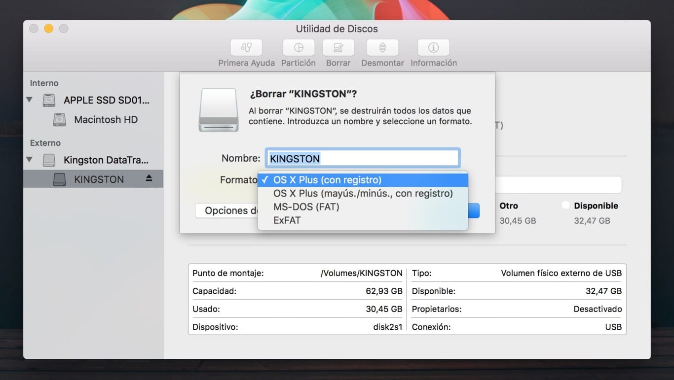 Formats available in the Disk Utility application.