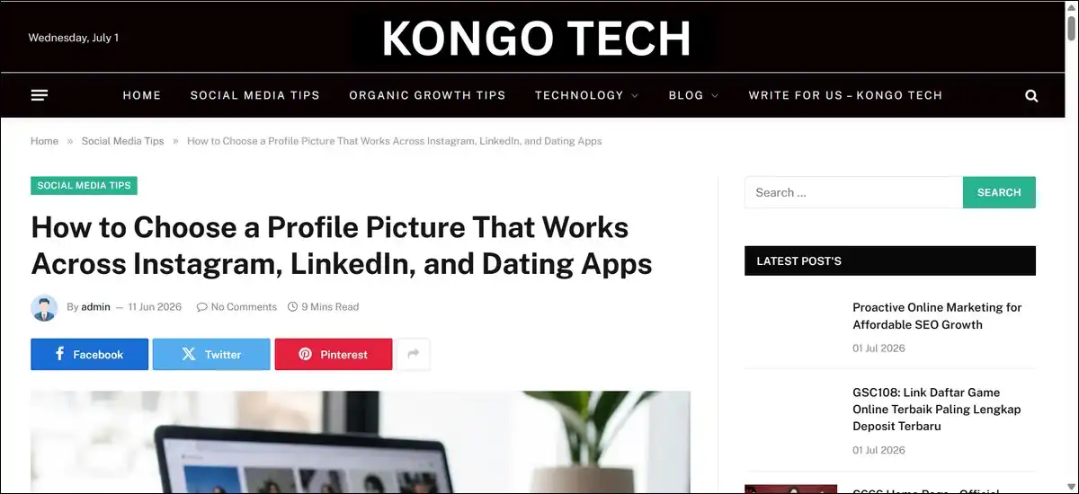 Kongotech.org homepage showing six content categories and Blooginga banner ads